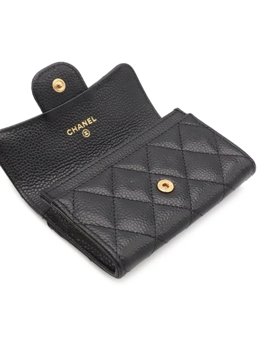 Chanel Quilted Classic Flap Card Case CC Logo Business Caviar Leather Black Gold